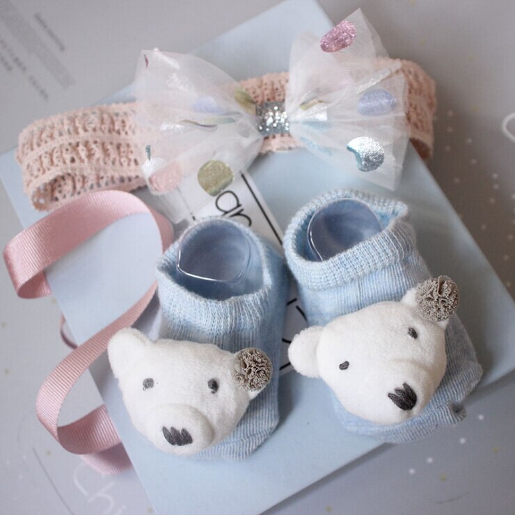 Newborn Baby Girl Lovely Socks Headband Set Flower Bowknot Crown Lace Headwrap + Booties Lace Cute Animal Decor Socks 2Pcs Set