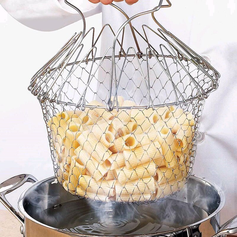 Foldable Stainless Steel Deep Fry Basket Steam Rinse Strain Fry Basket Strainer Net Kitchen Utensil Gadget Telescopic Fry Basket