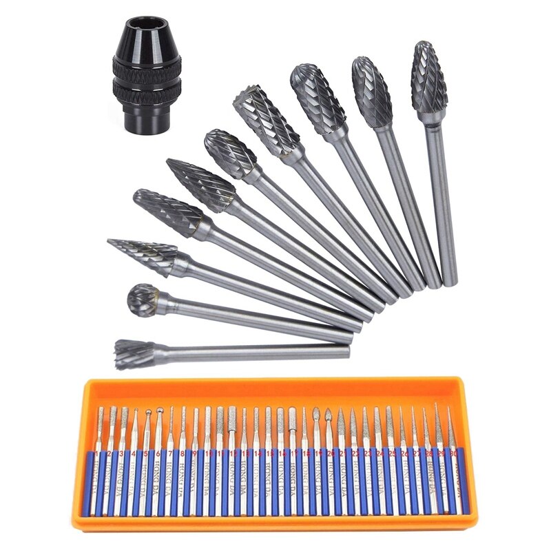 11X Multi-Function Three-Jaw Mini Drill Chuck with 30 Pcs Bur Diamond Grinding Head Set Coated Carving Burrs Rotary Tool