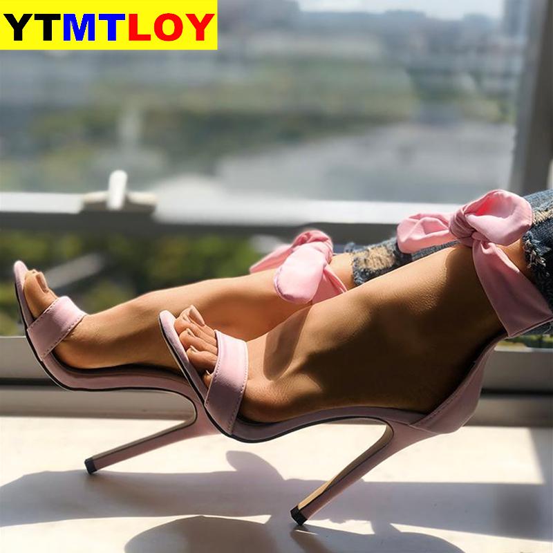 Nyeste mærke pink gul ruskind højhælede sandaler ankel stor sløjfe gladiator sandal sko enkelt rem tynd hæl pumps