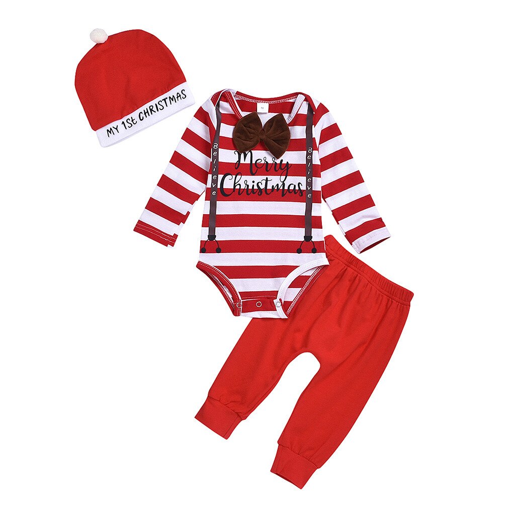 Weihnachten Kleidung Infant Baby Jungen Mädchen Weihnachten Streifen Print Romper Hosen Hut Outfits Weihnachten Lange Ärmeln Overall-spielanzug: 24M