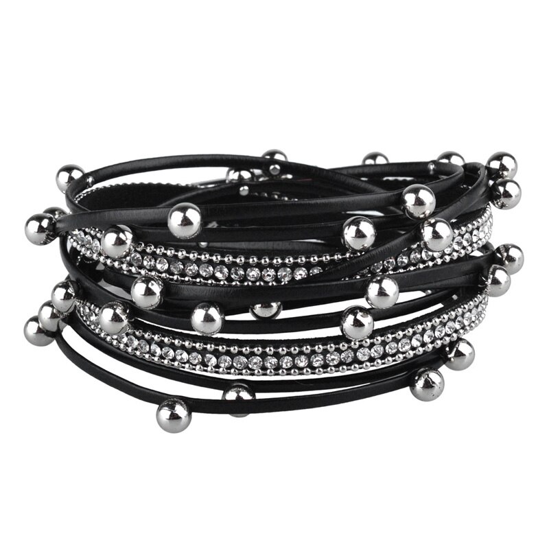 Metall Perlen Charme Leder Armbänder für Frauen Kristall Kette Bohemian Multilayer Wrap Armband Weiblichen Schmuck: KR2001-1