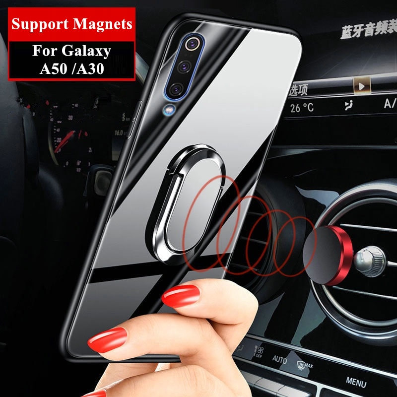 Glass Phone Case for Samsung Galaxy A50 A70 Luxury Tempered Glass Mirror Magnet Ring Back Cover Cases For Samsung A30 A50 Fundas