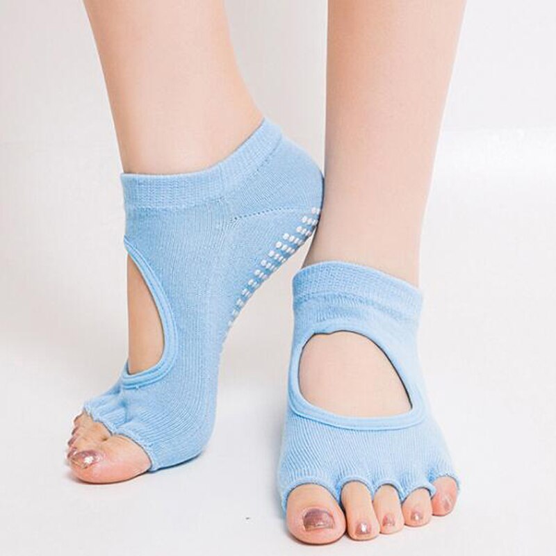 Women Yoga Socks Half Toe Backless 5 Fingers Socks Gym Fitness Sport Pilates Non Slip Cotton Socks Breathable Footwear Woman: Sky Blue