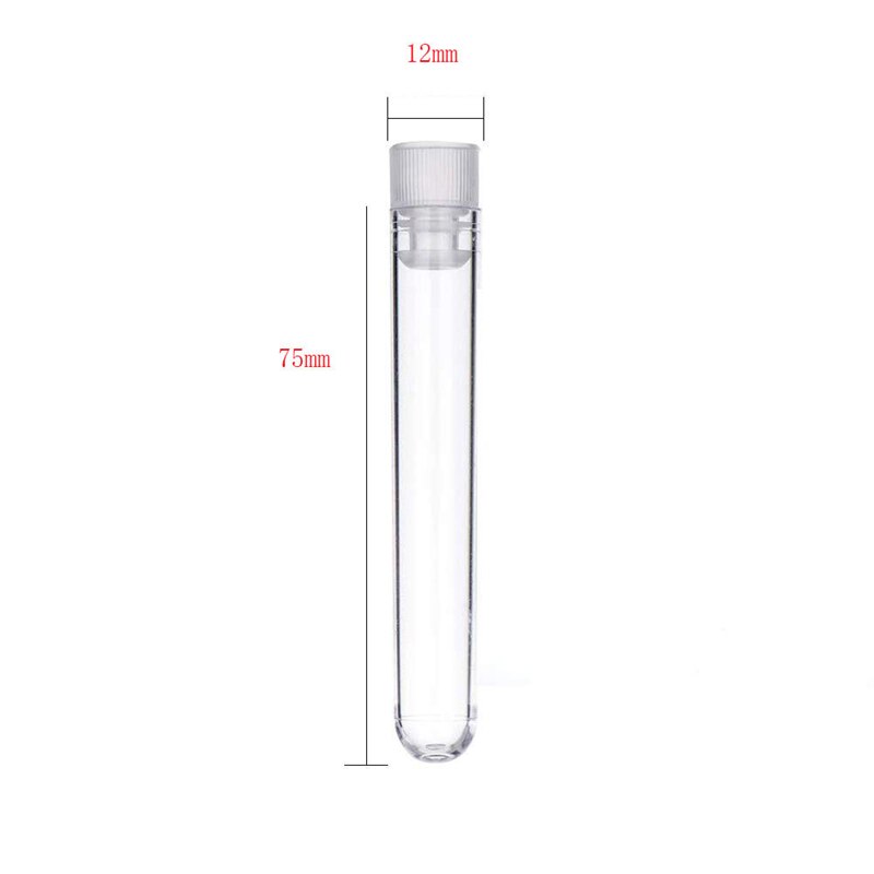 100Pcs Clear Plastic Test Tubes with White Screw Caps Sample Containers Bottles Push Caps 12X75mm