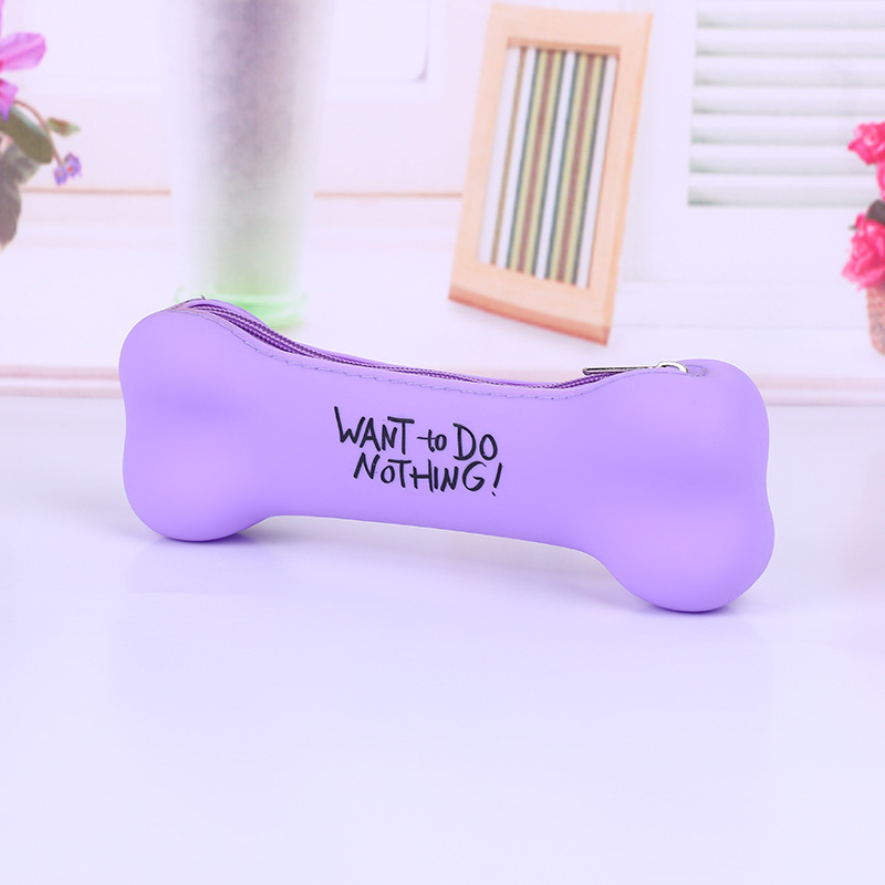Kawaii Candy-colored Bone-shaped Pen Bag Silicone Zipper Pencil Cases Lovely Letter Style Cosmetic Stationery Pouch School Suppl: Red
