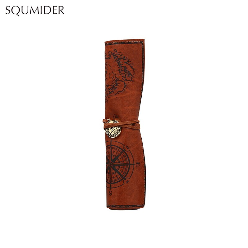 Saco de lápis de couro de rolo do vintage mapa do tesouro grandes casos de lápis estudante caneta saco de armazenamento escola esboço colorido lápis volume