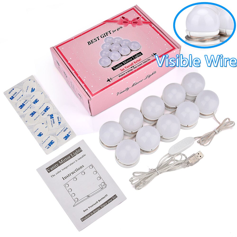 LED Makeup Mirror Light Bulb Hollywood Vanity Wall Lamp Cosmetic Light Adjustable Light Bulb for Dressing Table: Visible Wire 10Bulbs