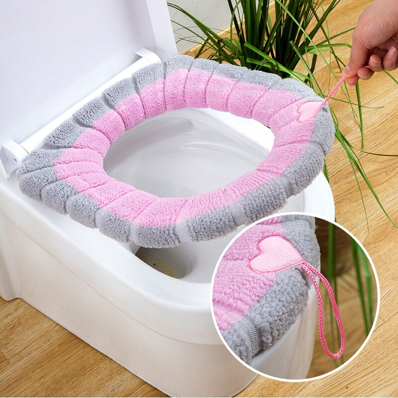 Housse de siège de toilette tricotée, chaude pour l'hiver, avec poignée, coussin de toilette en forme de O, accessoires de salle de bains