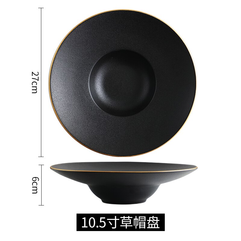 European breakfast Western plate simple black pasta plate household dish ceramic soup plate straw hat plate: Matte 10.5 inch