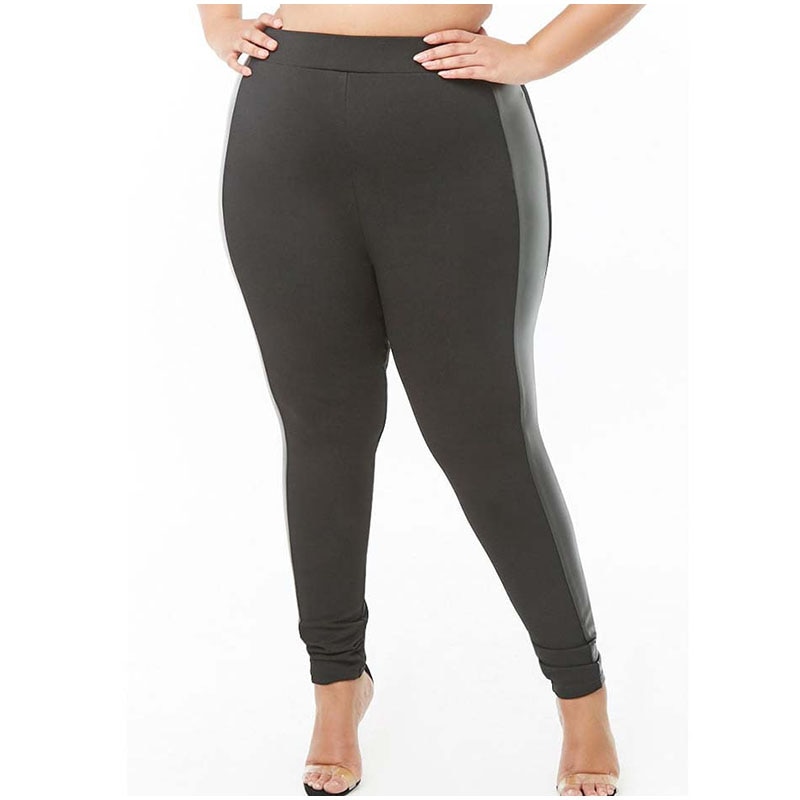 Plus size højtaljet fitness leggings efterår slankende 4xl 5xl sort pu læder patchwork legging anti cellulite bukser til kvinder