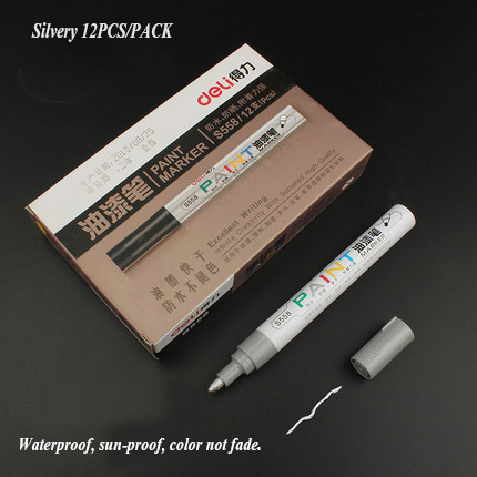 Deli 1pcs white mark pen oil 8 colors black silver gold waterproof do not fade paint pen marker pen: S558-5 silver 1pcs