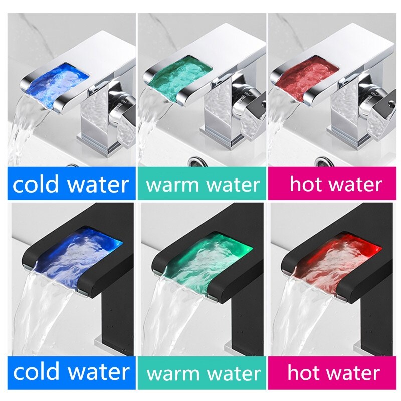 Grifo de cristal tipo cascada para lavabo de baño, hecho de latón, Led
