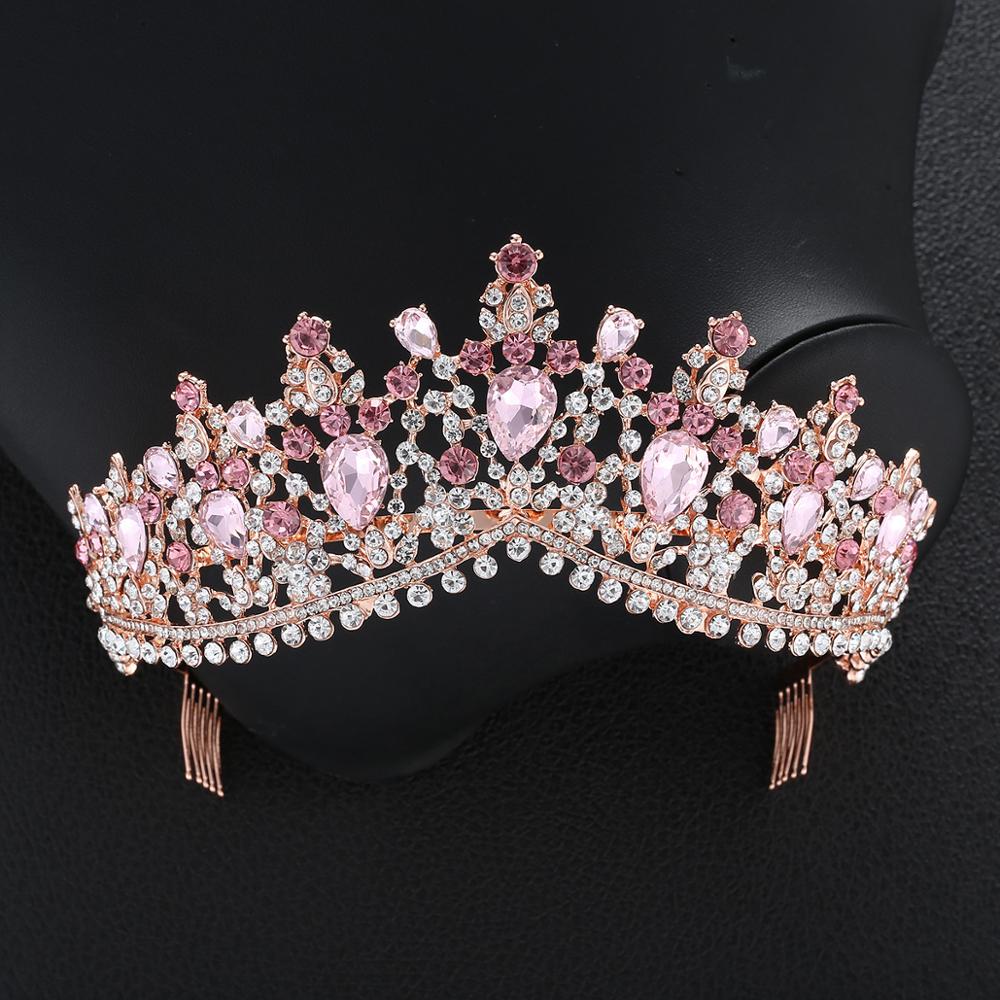 Di lusso Con Strass Diademi Nuziali Crown Barocco Argento Placcato di Cristallo Diadema per la Sposa Fasce di Cerimonia Nuziale Dei Monili Dei Capelli Accessori: Pink With Comb