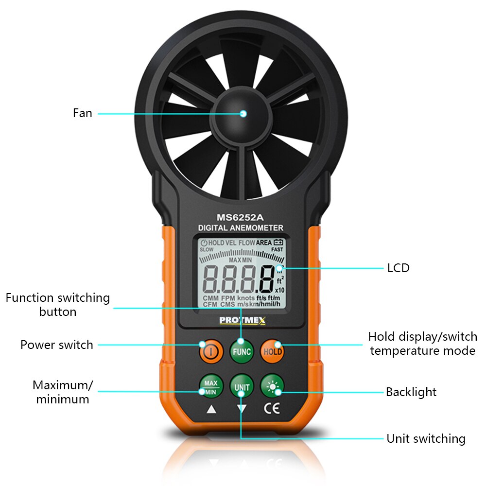 Digital anemometer , ms6252a håndholdt vindhastighedsmåler måler luftvolumenmåler lufthastighedsmåling flowmåler
