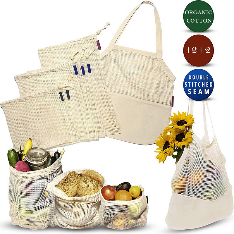 Reusable Produce Bags Organic Cotton Mesh Produce Bags Double-Stitched Seam Eco-friendly Zero Waste Grocery Shopping Bag Fruits: 14 pack