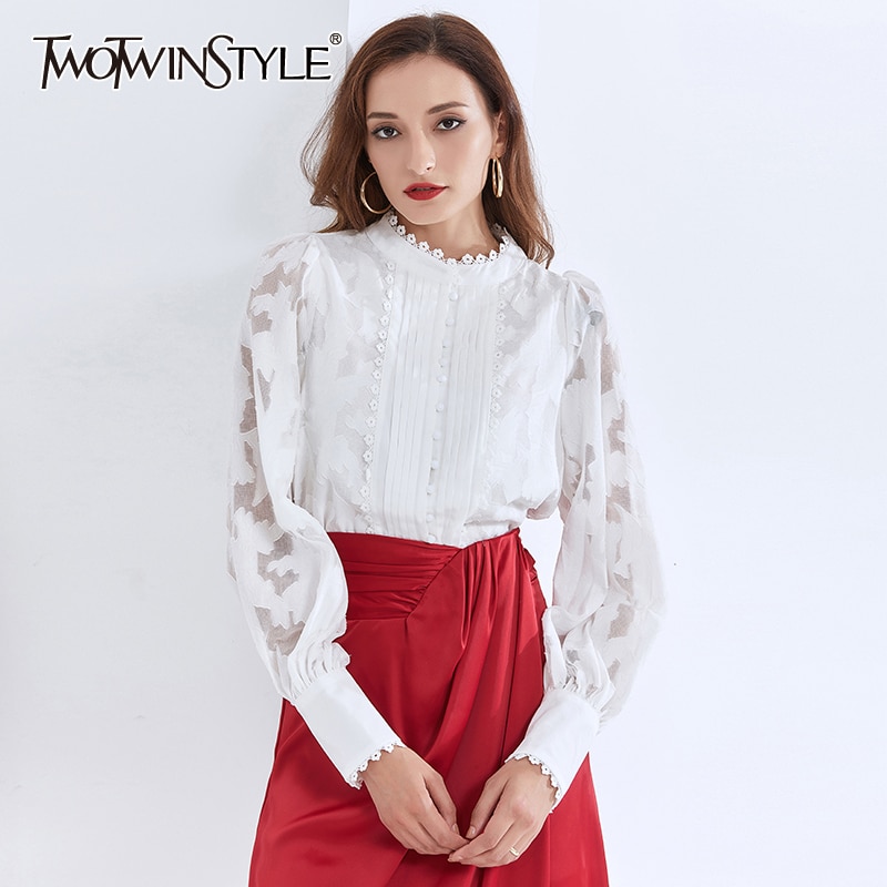 Twotwinstyle Kant Borduurwerk Voor Vrouwelijke Blouse Shirts Stand Kraag Lantaarn Lange Mouw Woemn Vintgae Shirts