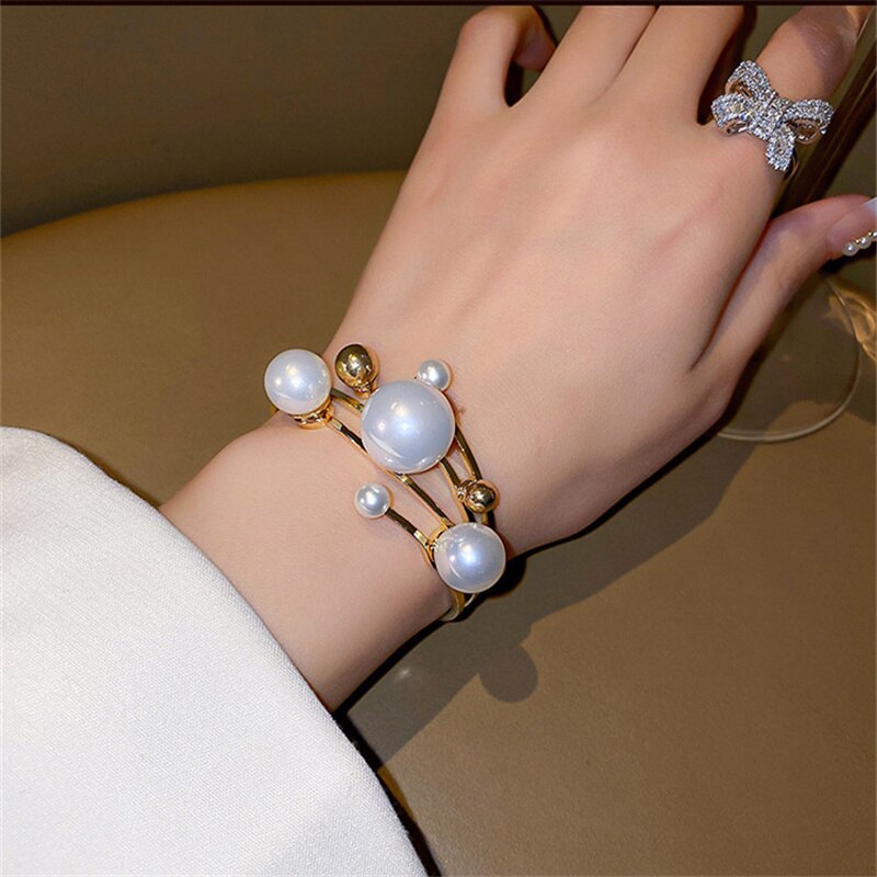 Fyuan Grote Parel Manchet Armband Voor Vrouwen Geometrische Gouden Bal Armbanden &amp; Bangles Bruiloften Party Sieraden