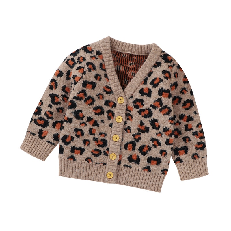 Autumn Winter Baby Boy Girls Leopard Print Sweater Coat Long Sleeve V-Neck Button-up Knitted Cardigan Kids Tops 0-24M