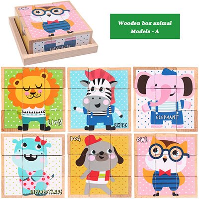 9pcs 6 lato giocattolo Del Bambino 3D Del Fumetto di Legno Tagliere blocco blocco blocco di cubi di Legno di Frutta Animale Traffico giocattoli Educativi per regalo dei bambini: Animal 1