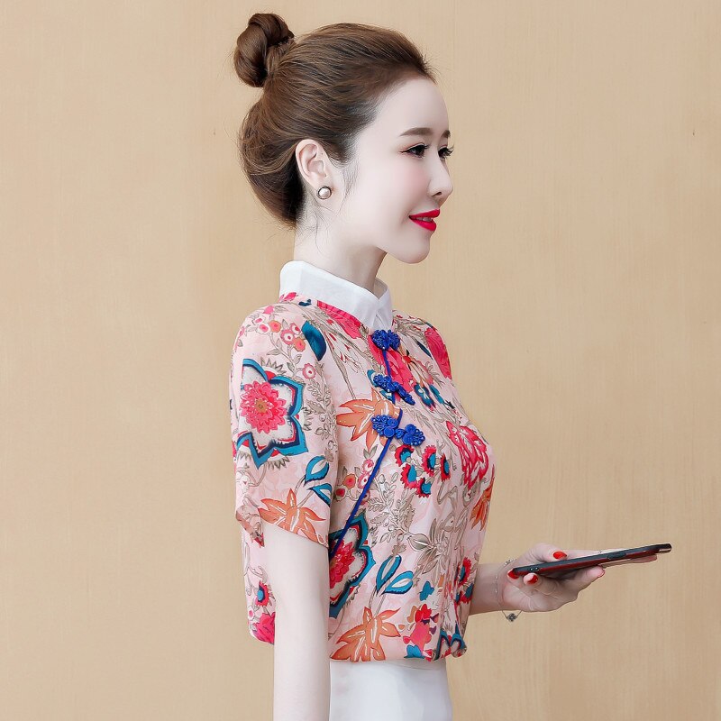 Ropa tradicional china Vintage para mujer, Cheongsam Floral de manga corta, Tops de cuello alto, blusa de boda