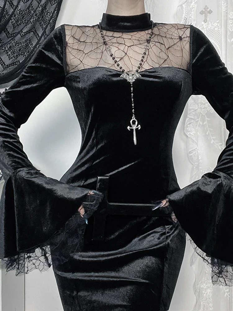 AltGoth-vestido Midi gótico oscuro de terciopelo para mujer, ropa de calle, estilo chino Vintage, tela de araña, malla de retales, vestido de de manga larga
