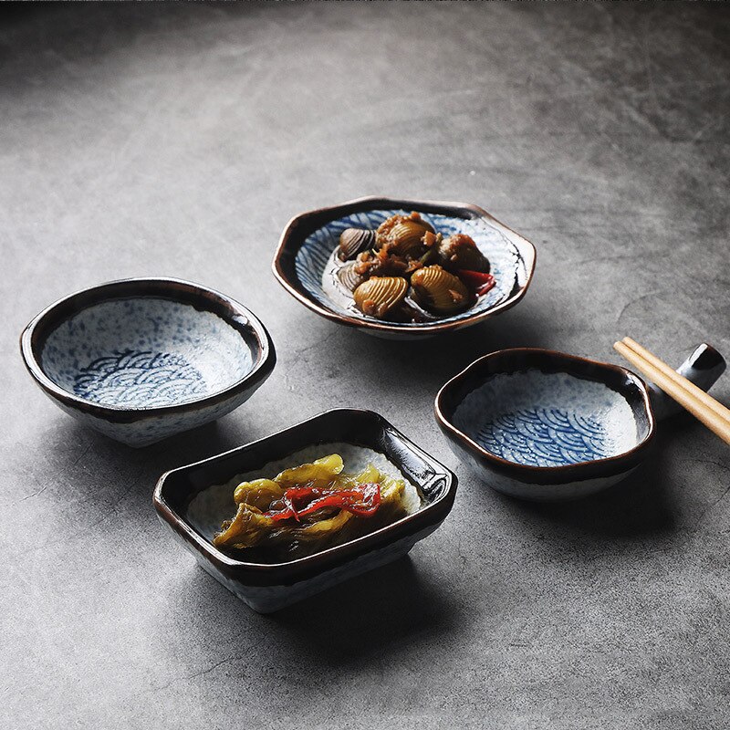 Japanese Retro Ceramic Sauce Dish Pickle Plate Kitchen Geometric Pattern Soy Sauce Dishes Small Fruit Dessert Snack Sushi Plates