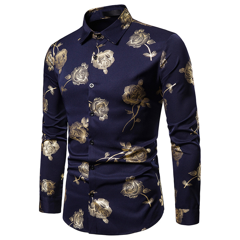 Blommiga skjortor för män manlig slim fit långärmad skjorta män svart vit blomtryck business casual skjortor s -2xl