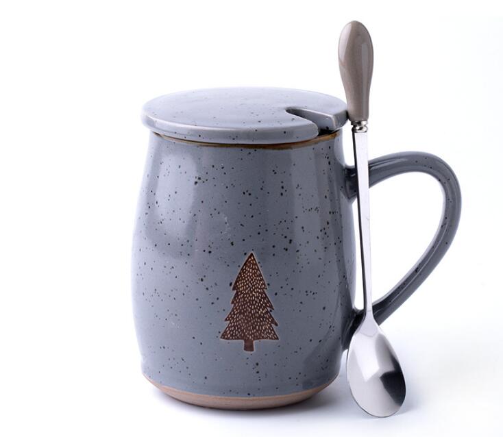 Tazza da caffè nordica con coperchio tazze in ceramica da 500ml tazze da albero per cartoni animati con cucchiaio tazza da caffè al latte regali di novità: grigio