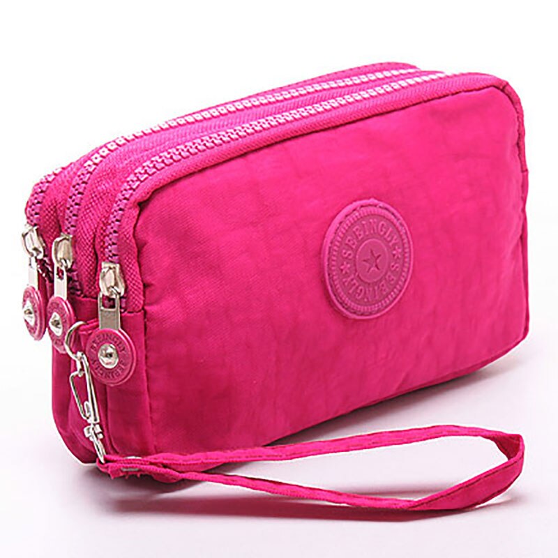 Coin purse ladies mobile phone bag small wallet business card holder multifunctional three zipper mini canvas bag girl: Pink