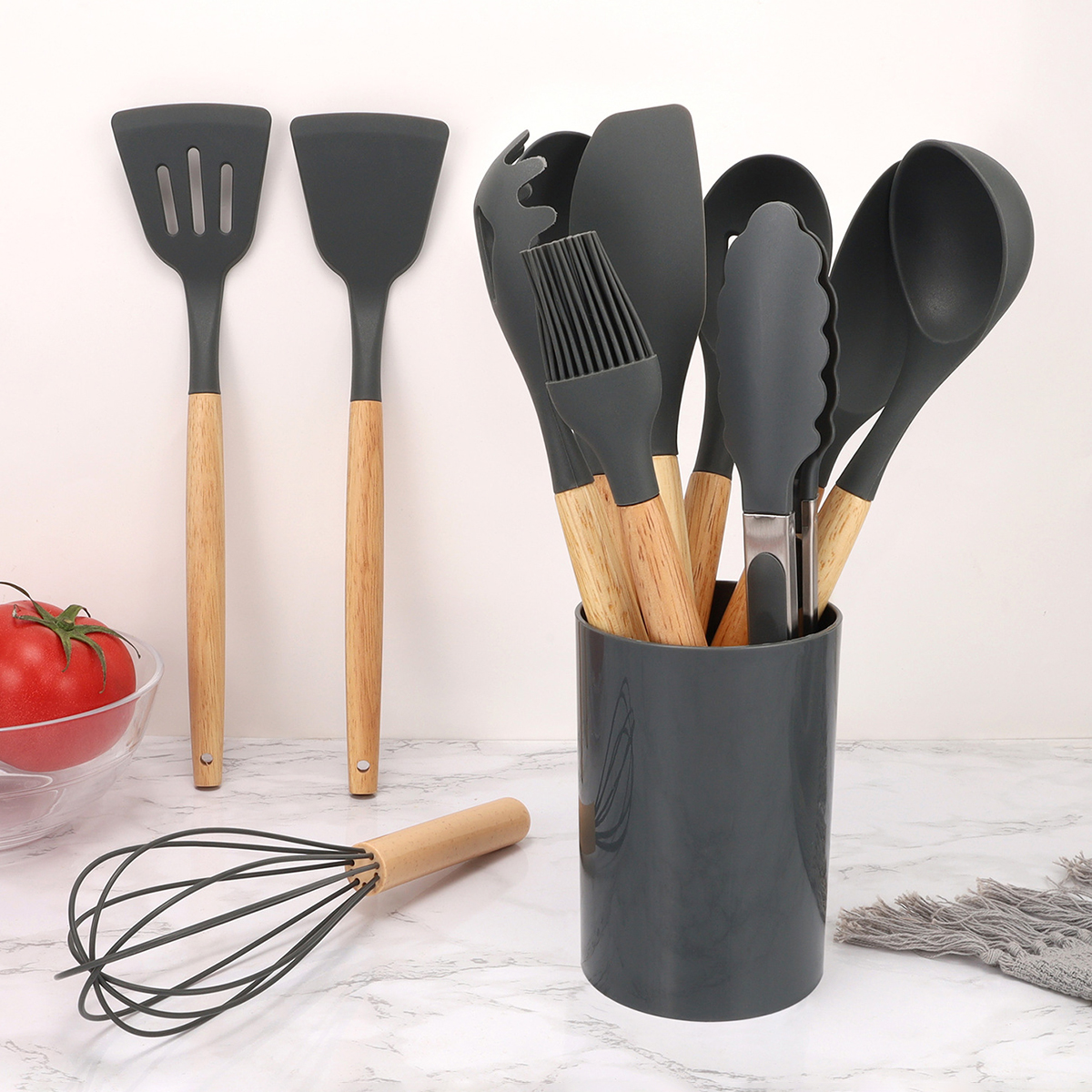 12 Stuks Siliconen Keukengerei Spatel Schop Soeplepel Koken Tool Met Opslag Emmer Non-stick Houten Handvat Keuken gadgets