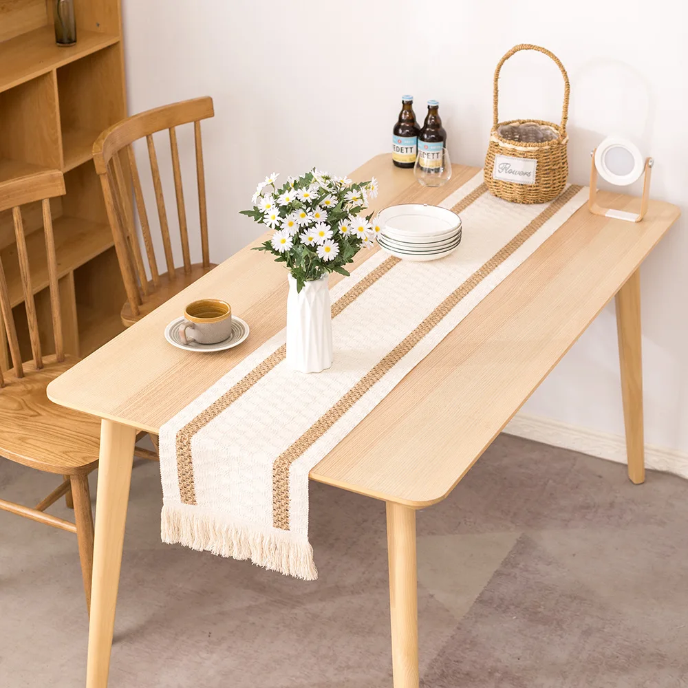 Handgewebter Jute-Tischläufer aus Naturleinen mit Quasten, rustikale Landhochzeit, Geburtstag, Weihnachtsdekoration für Zuhause, Tischdecke
