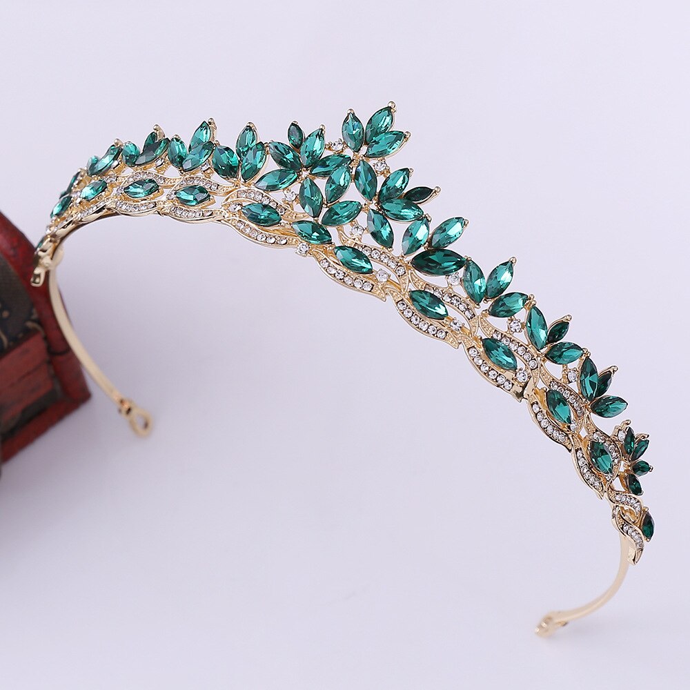 Simple Crystal Leaf Bridal Tiaras Crown Princess Queen Rhinestone Pageant Diadem Wedding Hair Accessories Tiara de Noiva: Gold Green