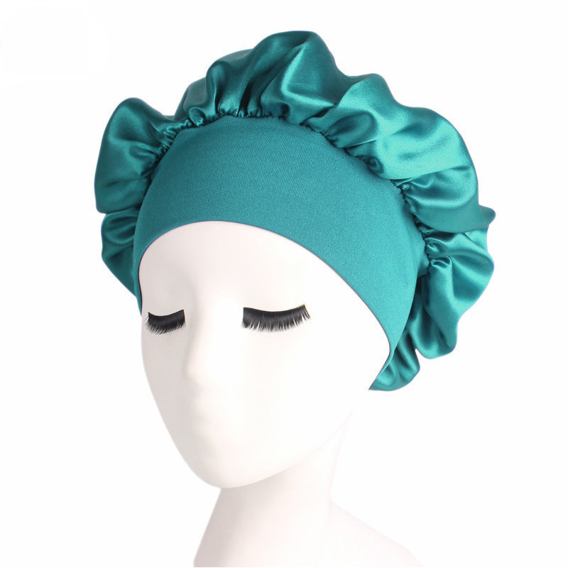 Women&#39;s Satin Solid Wide-brimmed Sleeping Night Sleep Cap Hair Care Bonnet Nightcap Shower Cap For Women Men Unisex Cap Bonnet: 09 Blue Green