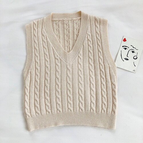 Gagarich Vest Women Autumn Korean Style Solid Color All-match Retro Pattern Knitted Slim V-neck Sleeveless Top Casual: Apricot