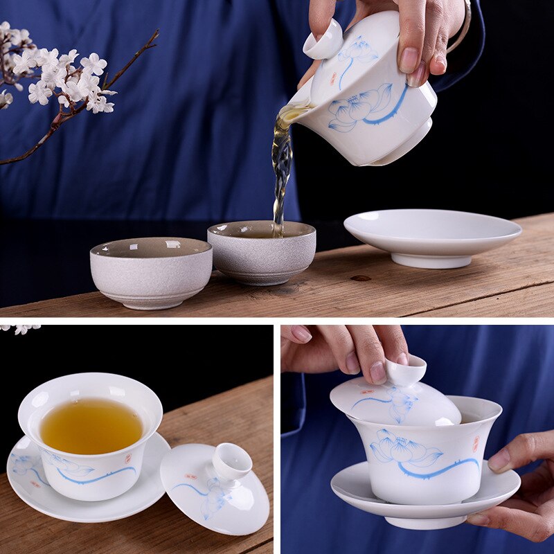 Dipinte A mano Blu e bianco porcellana gaiwan Tè zuppiera Cinese da tè in ceramica impostato ciotola di ciotola coperta con coperchio della tazza piattino