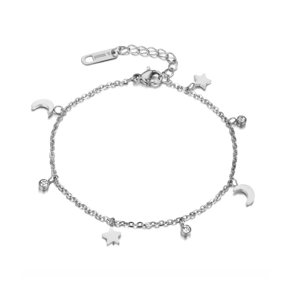 JeeMango Trendy Bracelet Moon & Star & CZ Crystals Rose Gold Color Stainless Steel Bracelet Link Chain Christmas JB18186: Steel color