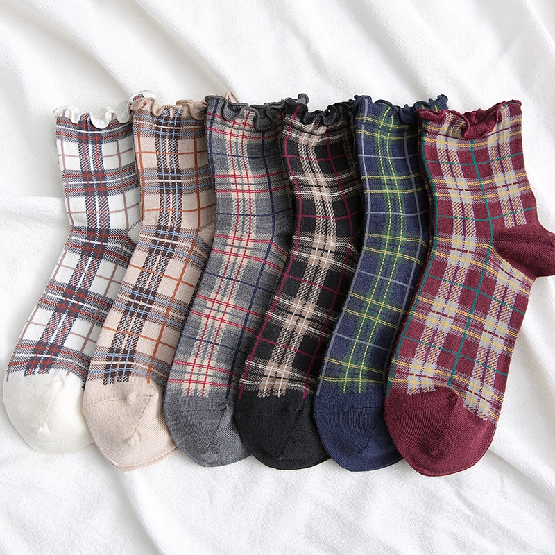 Zomer Korte Sokken Vrouwen vezelig zelfkant Meisjes Student College Stijl Retro Ladylike Stijl JP Katoen Jonge dame plaid Ruche Fun