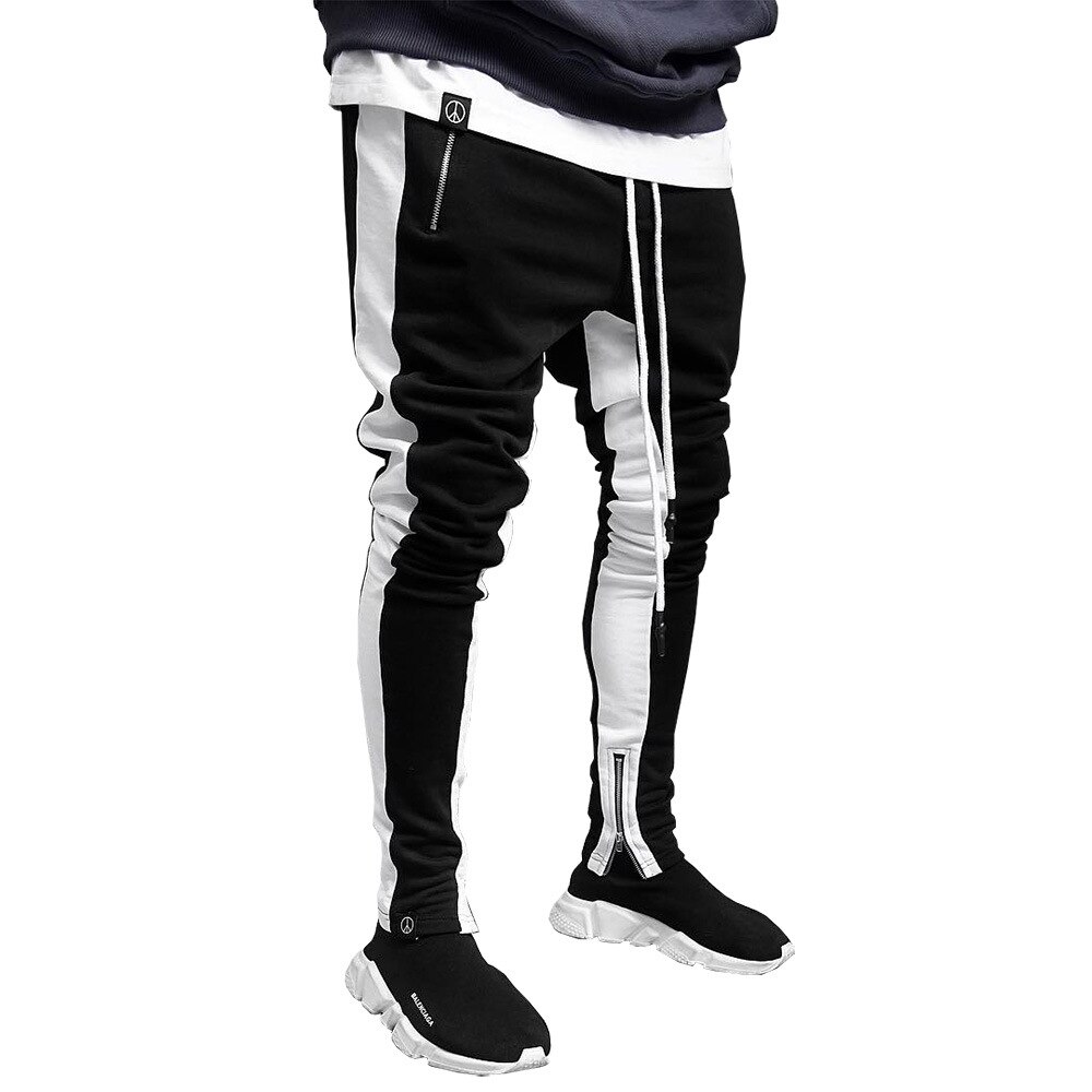 Mens Joggers Casual Pants Fitness Men Sportswear Tracksuit Bottoms Skinny Sweatpants Trousers Black Gyms Jogger Track Pants: XL / Black White