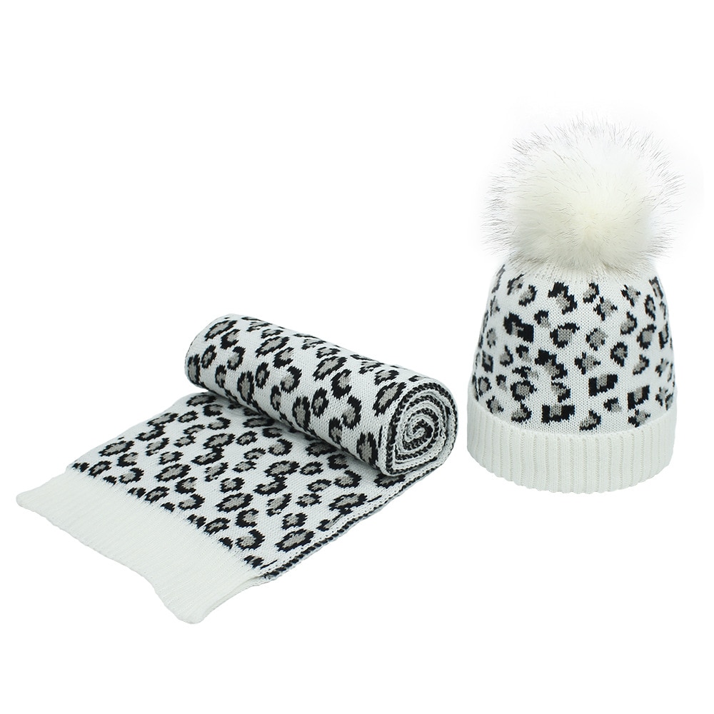 Leopard strik kvinder hat med et tørklæde kugle imiteret faux pels hatte tørklæder sæt vinter tilbehør til damer sjaal muts: 3