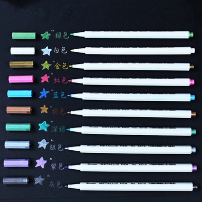 10 Kleuren Set Tekenen Schilderen Marker Pennen Metallic Pen Voor Zwart Papier Glas Hout Kunst Schoolbenodigdheden Briefpapier Handtekening Pen: 10 Colors Set
