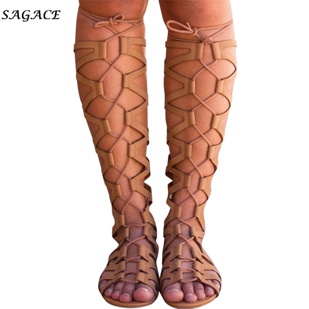 SAGACE Shoes Sandals Women Flats Knee High Roman Summer Sandals Ladies Shoes And Sandals Cross-Strap Calf Ankle Sandals