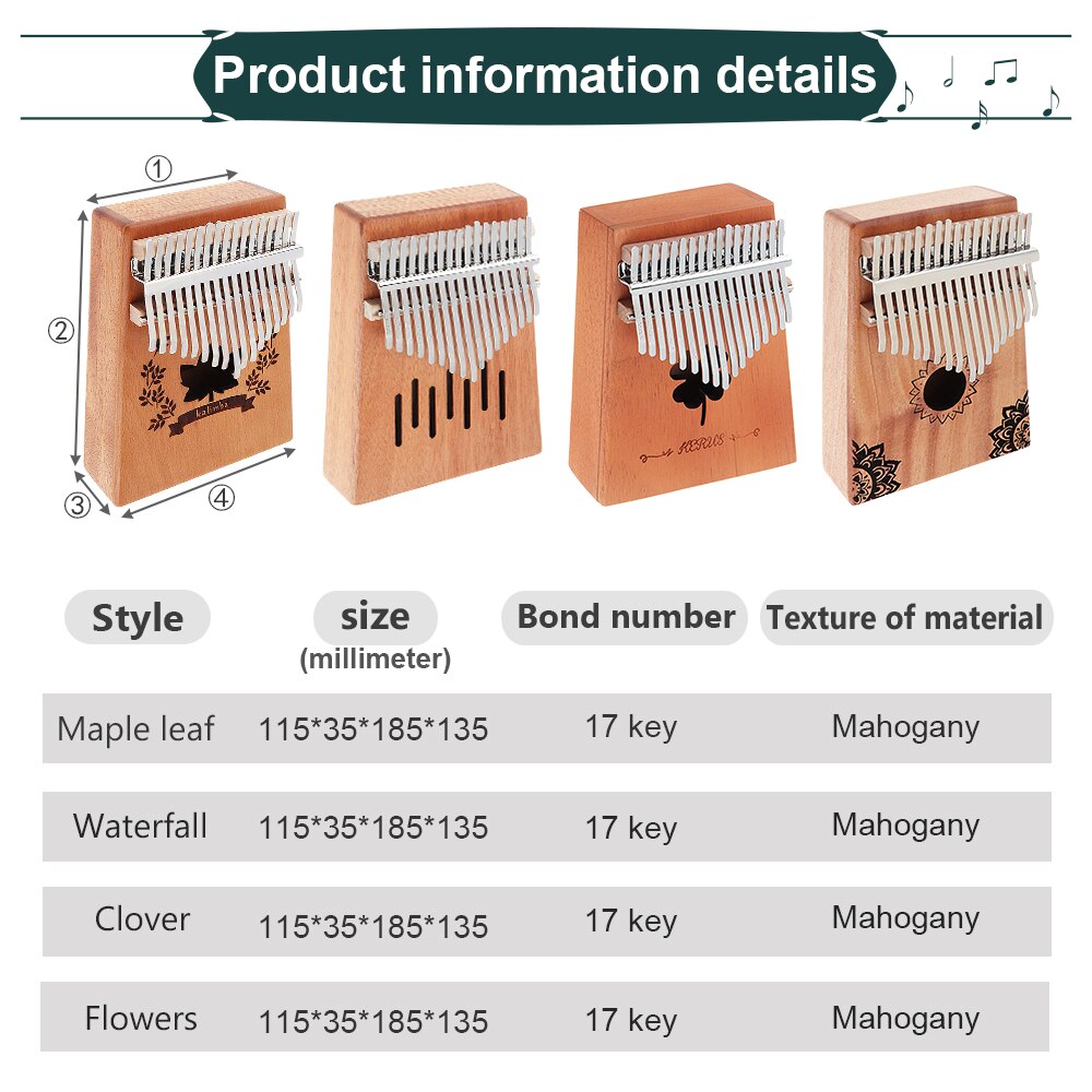 17 Key Kalimba Single Board Mahogany Waterfall Star / FlowersSound Hole Mbira Mini Keyboard Musical Instrument for Music Lovers