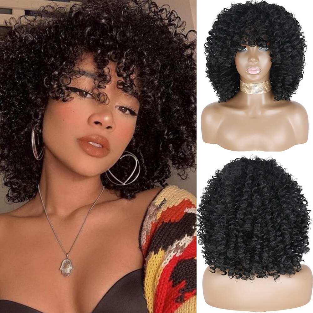 AZQUEEN Synthetic Afro Kinky Curly Wigs Short Curly Wig For Women With Bangs Mixed Black and Gray Wig for Black Women: 9192-1B