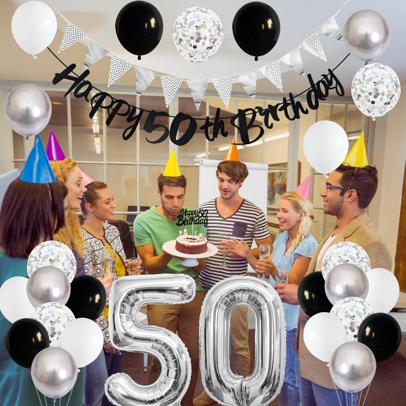 50 decoraciones de de cumpleaños para mujeres y hombres, pancarta de feliz 30, 40 y 60 cumpleaños, globos, suministros para decoración de tartas, color negro, plateado y blanco