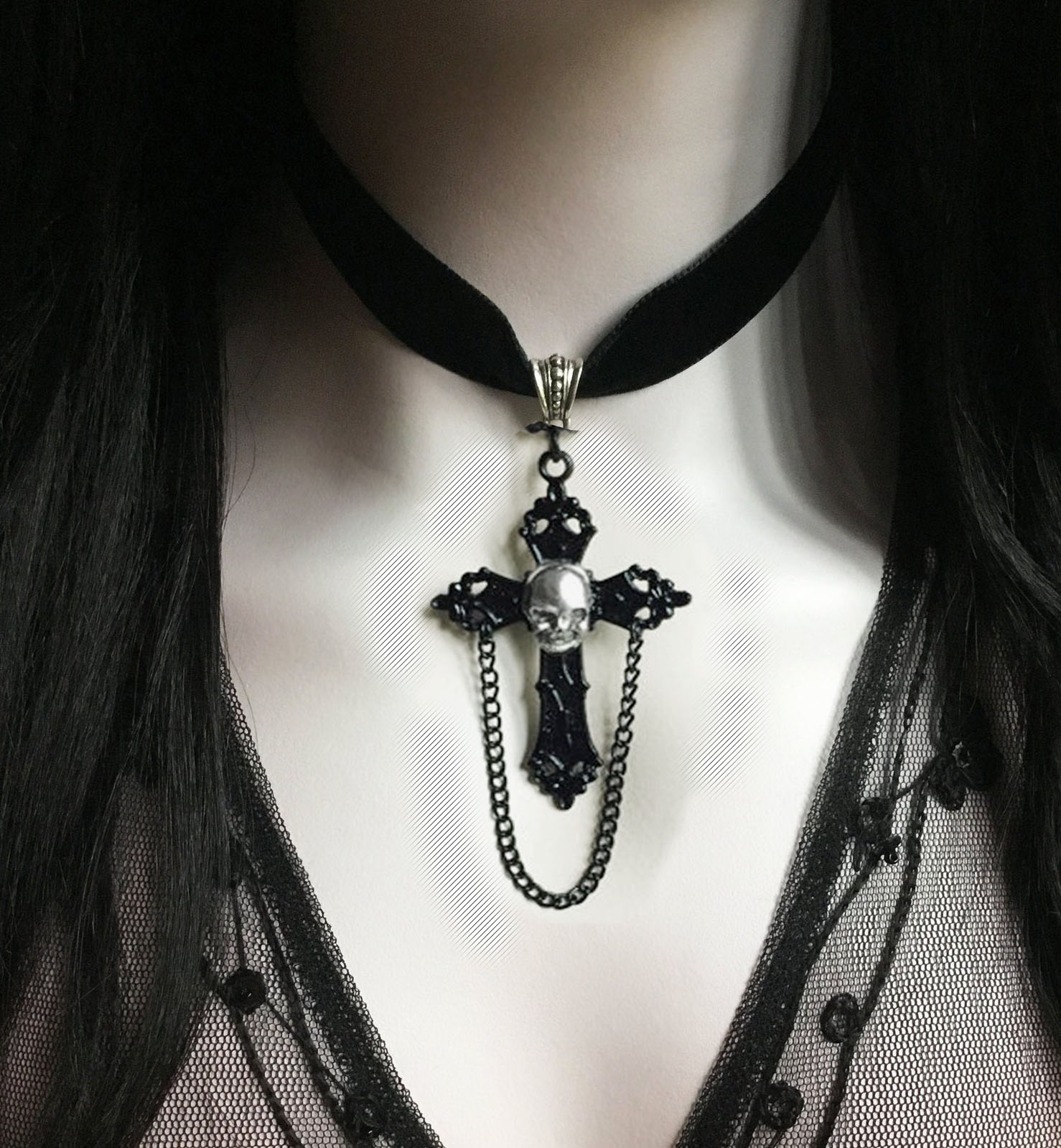 Cross Skull Choker Necklace, Gothic Victorian Black Cameo: A1