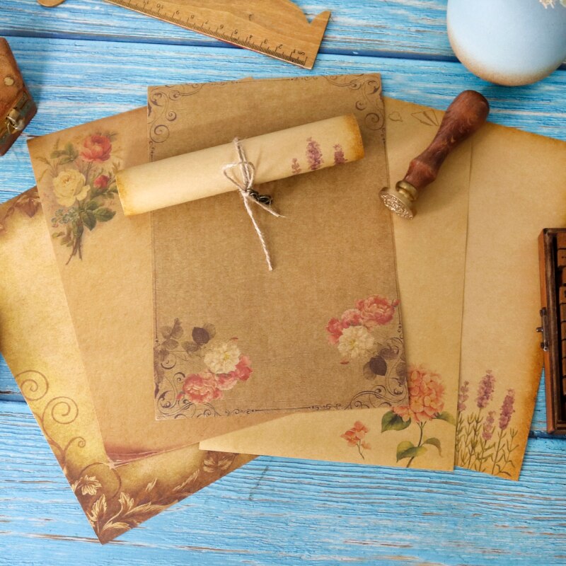 16sheets Vintage Flower Kraft Letter Paper Brown Craft Writing Paper Stationery Letter Pad Office Supplies