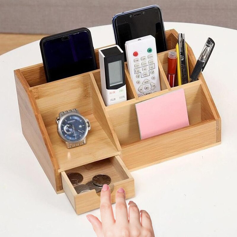 Bamboo Desktop Storage Box Natural Wooden Office Pen Holder Multifunction Stationery Splicing Pencil Cosmetic Desk Organizer