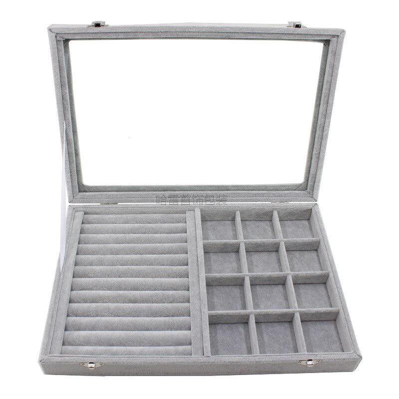 Big Velvet Gray Carrying Case with Glass Cover Jewelry Ring Display Box Tray Holder Storage Box Organizer Earrings Ring Bracelet