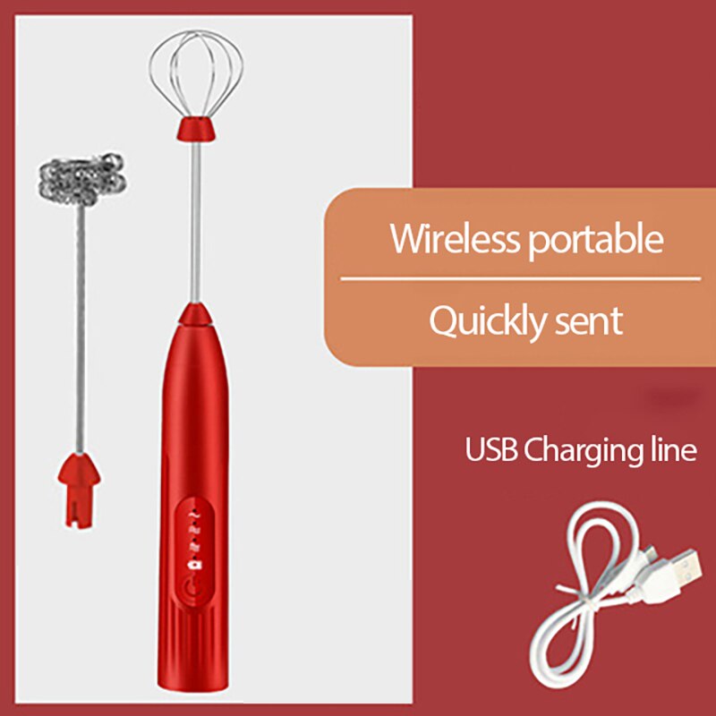 Handheld Electric Milk Frother Egg Beater Coffee Frother With USB Charger Cake Tool For Cappuccino Kitchen Mixer Multifunction: Red-2heads